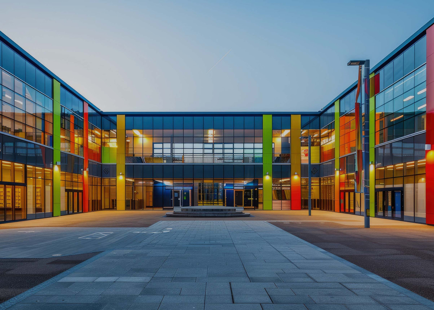 Modern commercial building with safety and security window films